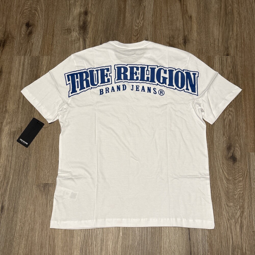 True Religion U TR Crew Logo SS T-Shirt White/Blue Men’s Sz S Fits Like A Medium